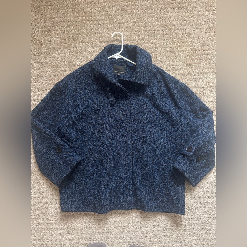 Banana Republic Blue Textured Crop Jacket Buckle Collar Womens L - Picture 6 of 13